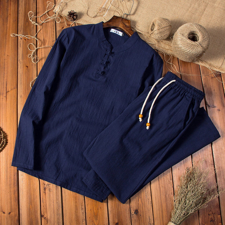 Herren Leinen Pyjama Set mit Stehkragen und Kordelzug-Luzern Mode