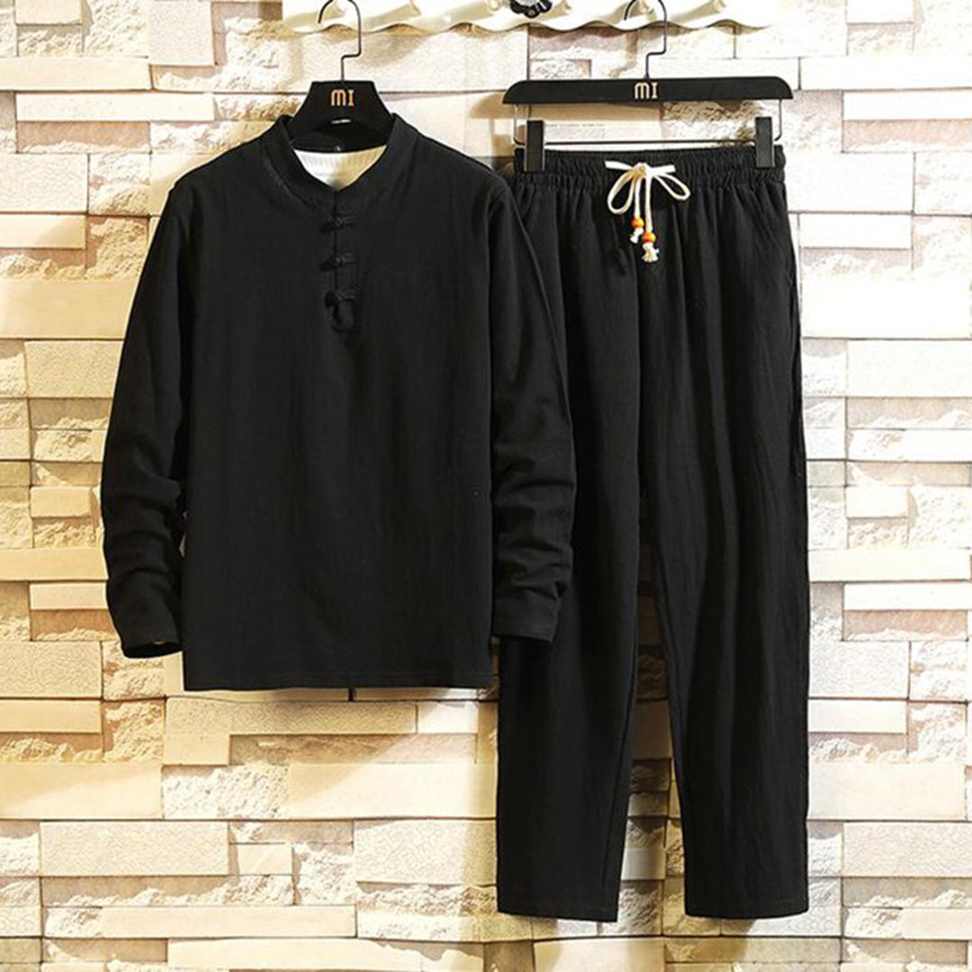 Herren Leinen Pyjama Set mit Stehkragen und Kordelzug-Schwarz-M-Luzern Mode