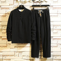 Herren Leinen Pyjama Set mit Stehkragen und Kordelzug-Schwarz-M-Luzern Mode