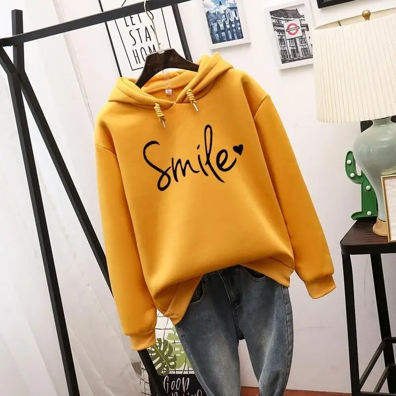 Damen Hoodie mit "Smile" Print und Kapuze - Lässiger Stil-Gelb-S-Luzern Mode