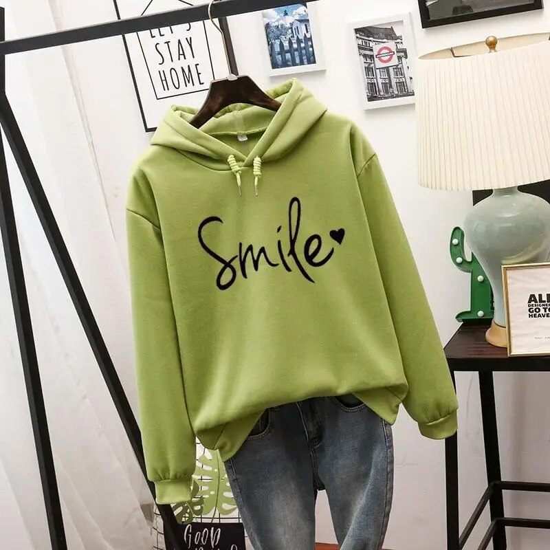 Damen Hoodie mit "Smile" Print und Kapuze - Lässiger Stil-Grün-S-Luzern Mode