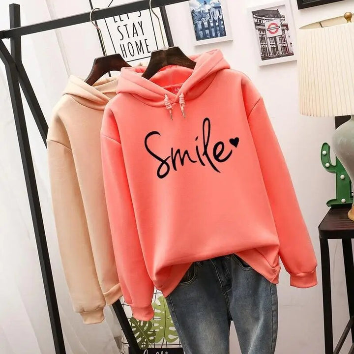 Damen Hoodie mit "Smile" Print und Kapuze - Lässiger Stil-Rot-orange-S-Luzern Mode