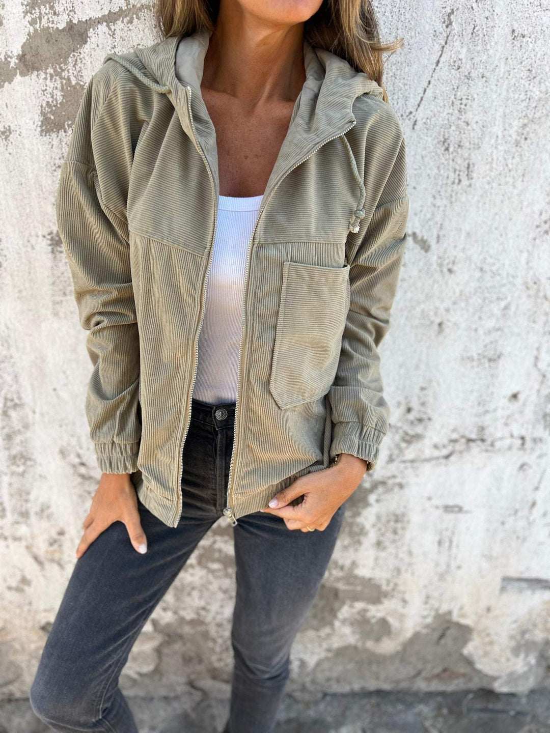 Damen Jacke | Reißverschluss | Kapuze | Baumwolle | Lockere Passform | Einfarbig | Kordelzug-Beige-S-Luzern Mode
