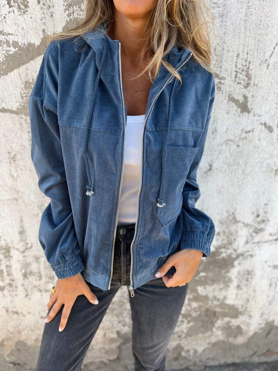 Damen Jacke | Reißverschluss | Kapuze | Baumwolle | Lockere Passform | Einfarbig | Kordelzug-Blau-S-Luzern Mode