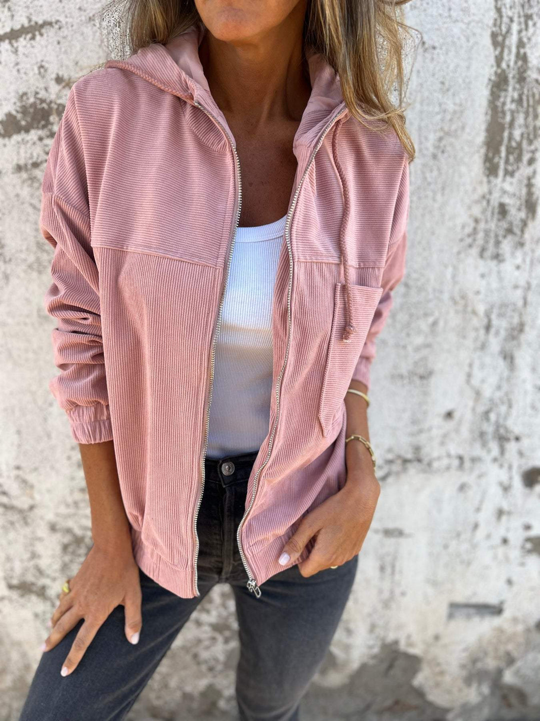 Damen Jacke | Reißverschluss | Kapuze | Baumwolle | Lockere Passform | Einfarbig | Kordelzug-Rosa-S-Luzern Mode
