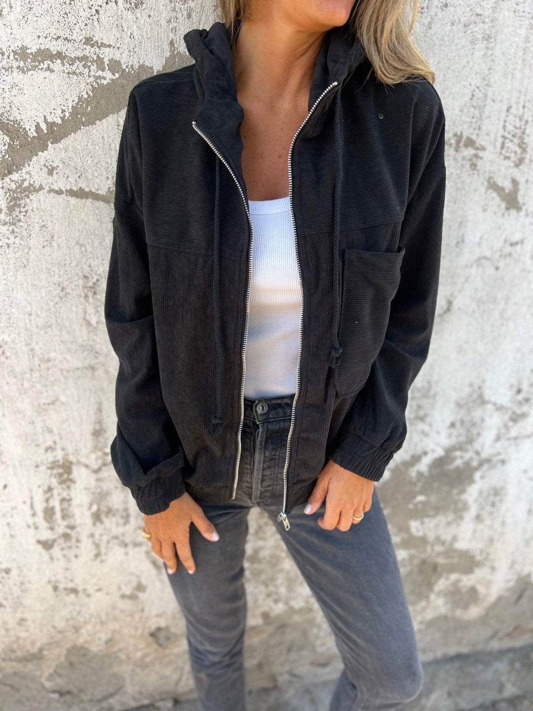 Damen Jacke | Reißverschluss | Kapuze | Baumwolle | Lockere Passform | Einfarbig | Kordelzug-Schwarz-S-Luzern Mode