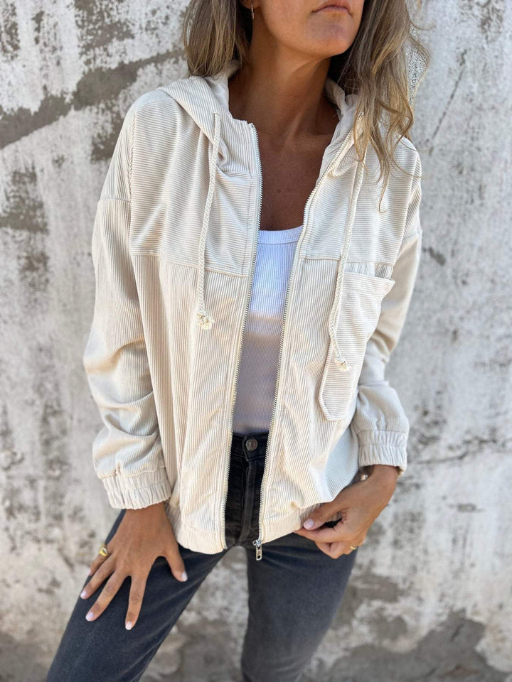 Damen Jacke | Reißverschluss | Kapuze | Baumwolle | Lockere Passform | Einfarbig | Kordelzug-Weiß-S-Luzern Mode