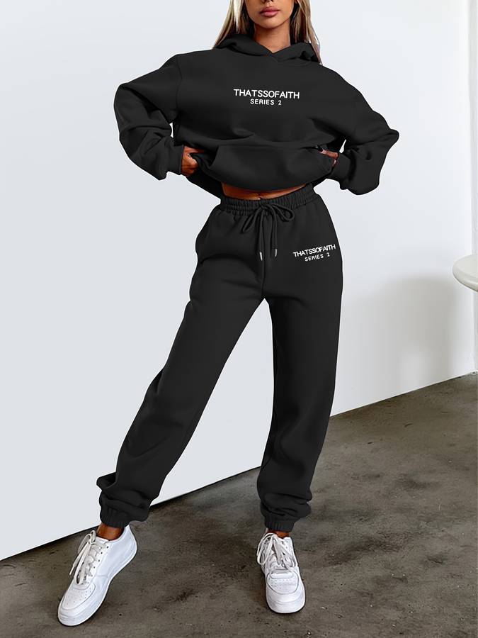 Damen Jogginganzug Hoodie und Jogger Set für Freizeit-Schwarz-S-Luzern Mode