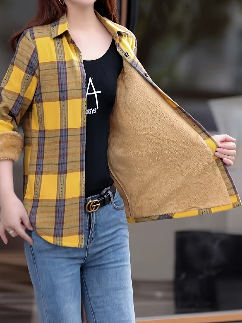 Damen Karohemd Langarm Freizeitmode für Herbst Winter-Gelb-XS-Luzern Mode