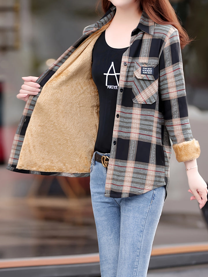 Damen Karohemd Langarm Freizeitmode für Herbst Winter-Hellbraun-XS-Luzern Mode