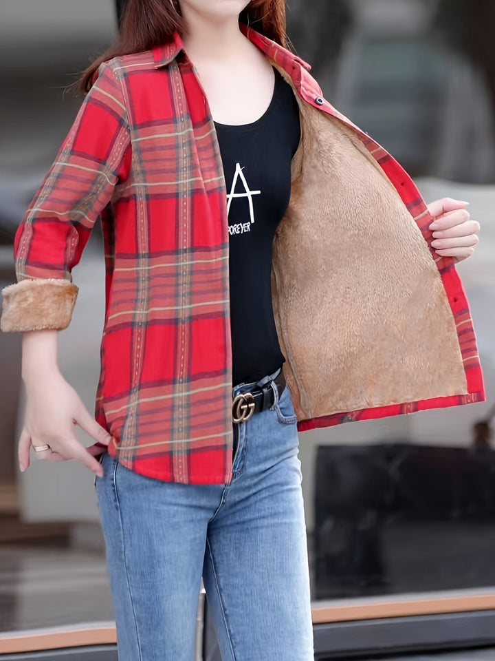 Damen Karohemd Langarm Freizeitmode für Herbst Winter-Rot-XS-Luzern Mode