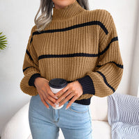 Damen Strickpullover mit Streifenmuster und Rollkragen-Khaki-S-Luzern Mode