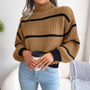 Damen Strickpullover mit Streifenmuster und Rollkragen-Khaki-S-Luzern Mode