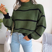 Damen Strickpullover mit Streifenmuster und Rollkragen-Olivgrün-S-Luzern Mode