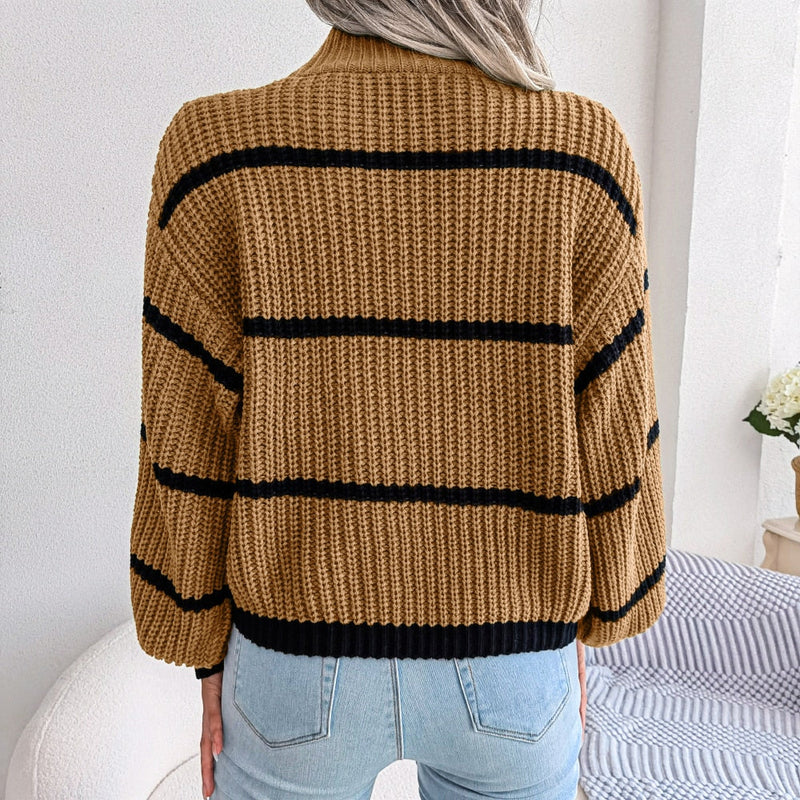Damen Strickpullover mit Streifenmuster und Rollkragen-Luzern Mode