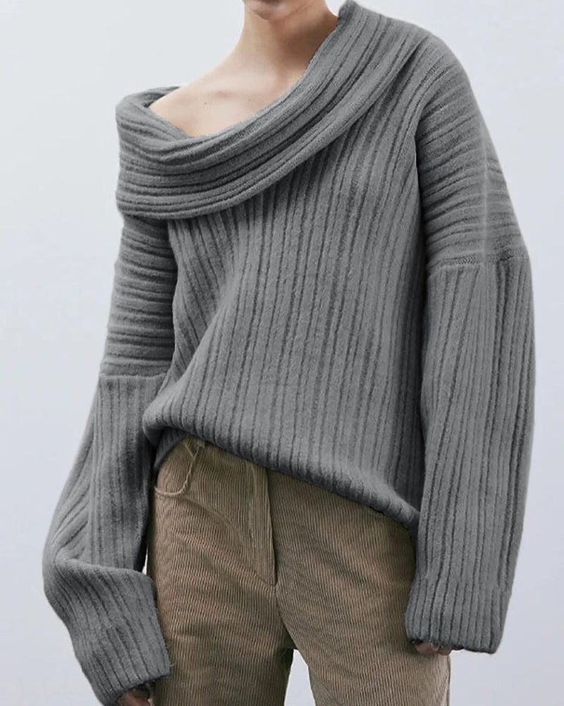 Damen Off-Shoulder Strickpullover für Herbst/Winter-Grau-One Size-Luzern Mode