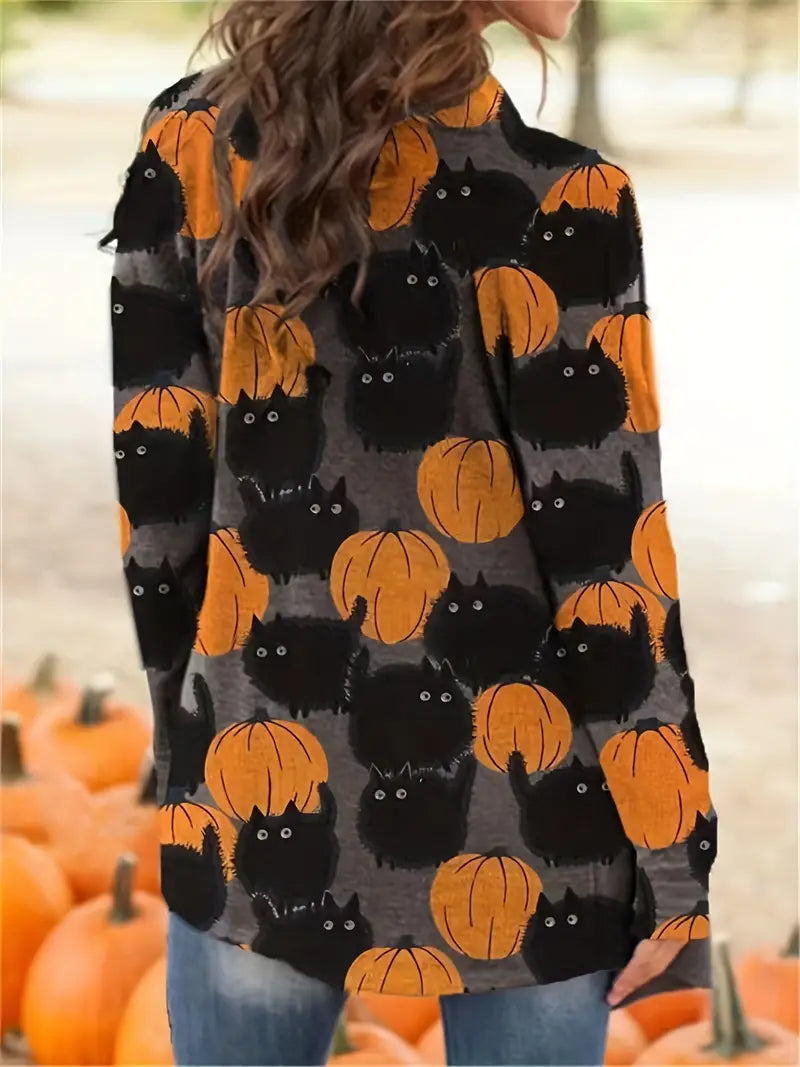 Damen Cardigan mit Katzen und Kürbis Muster - Herbstmode-Luzern Mode