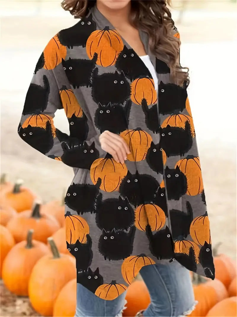 Damen Cardigan mit Katzen und Kürbis Muster - Herbstmode-Luzern Mode