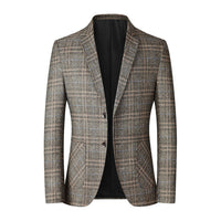 Herren Sakko Kariert Slim Fit Anzugjacke Business Look-Khaki-XS-Luzern Mode