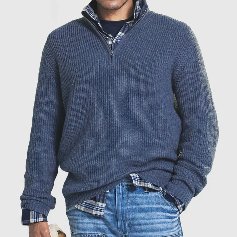 Herren Strickpullover mit Reißverschluss und Hemd-Design-Blau-S-Luzern Mode
