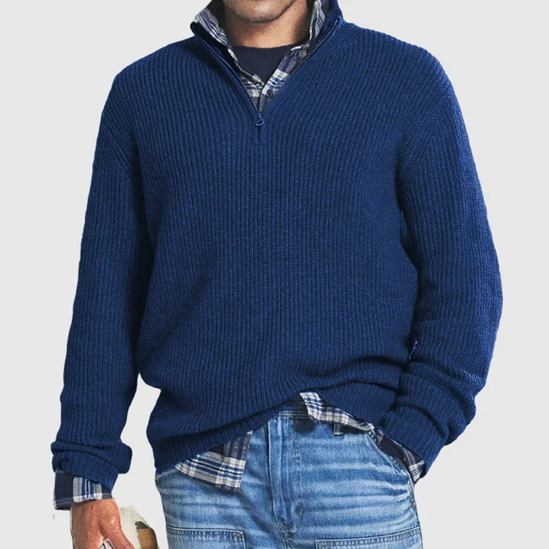 Herren Strickpullover mit Reißverschluss und Hemd-Design-Dunkelblau-S-Luzern Mode
