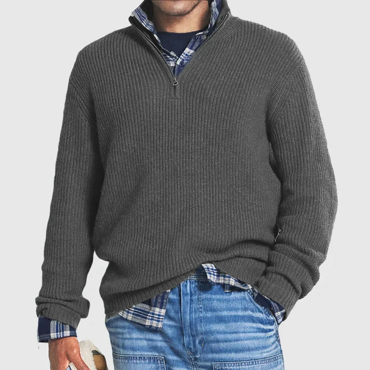 Herren Strickpullover mit Reißverschluss und Hemd-Design-Grau-S-Luzern Mode