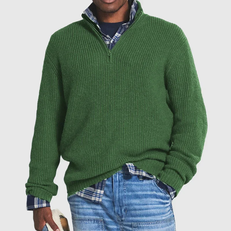 Herren Strickpullover mit Reißverschluss und Hemd-Design-Grün-S-Luzern Mode