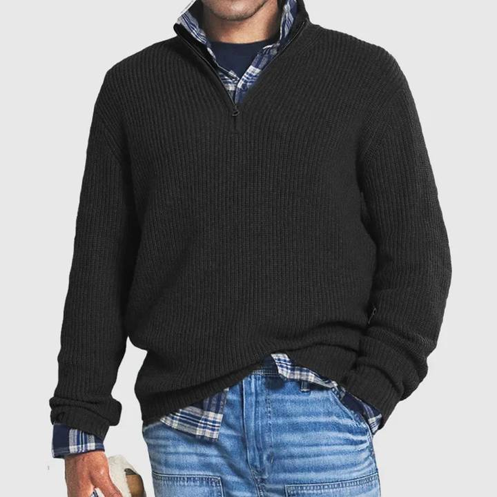 Herren Strickpullover mit Reißverschluss und Hemd-Design-Schwarz-S-Luzern Mode
