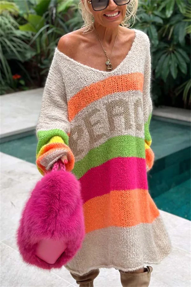 Damen Oversize Strickpullover mit Streifen und Schriftzug-Luzern Mode