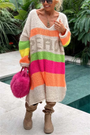 Damen Oversize Strickpullover mit Streifen und Schriftzug-Beige-S-Luzern Mode