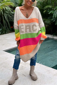 Damen Oversize Strickpullover mit Streifen und Schriftzug-Luzern Mode