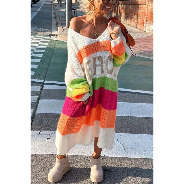 Damen Oversize Strickpullover mit Streifen und Schriftzug-Luzern Mode