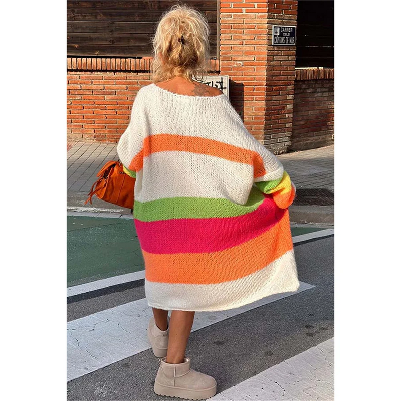 Damen Oversize Strickpullover mit Streifen und Schriftzug-Luzern Mode