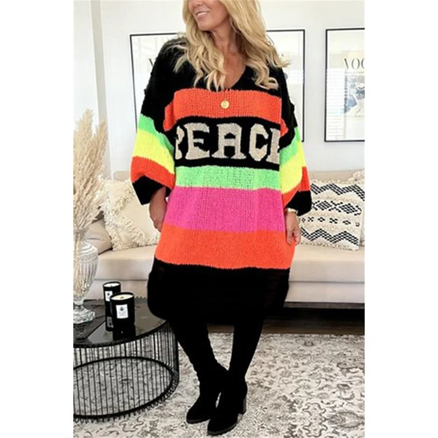 Damen Oversize Strickpullover mit Streifen und Schriftzug-Luzern Mode