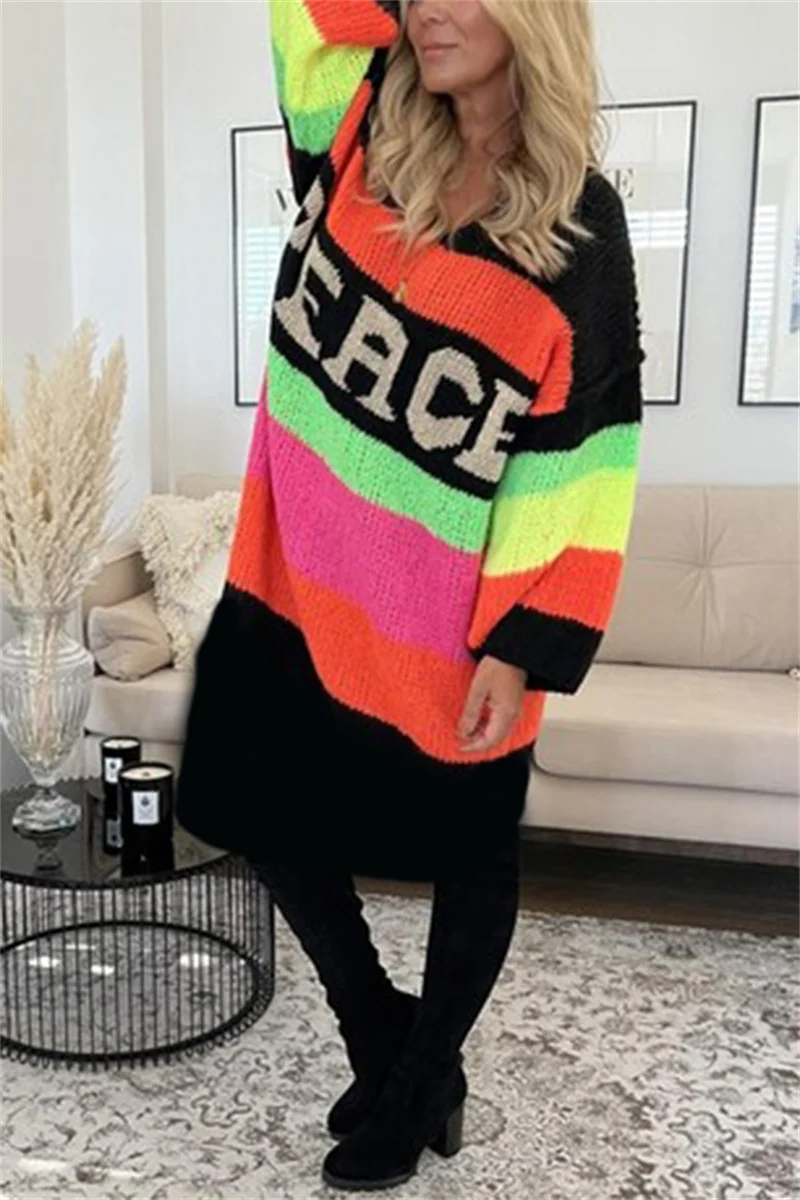 Damen Oversize Strickpullover mit Streifen und Schriftzug-Schwarz-S-Luzern Mode