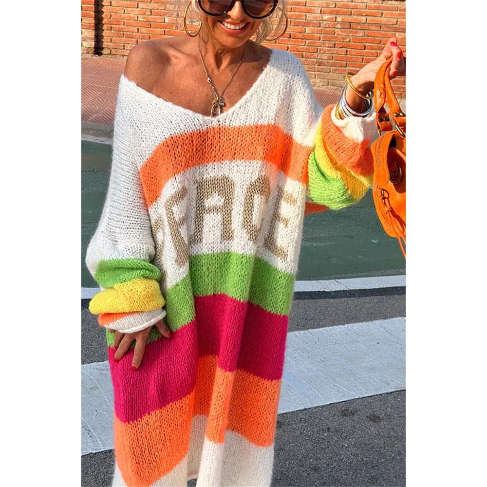 Damen Oversize Strickpullover mit Streifen und Schriftzug-Weiß-S-Luzern Mode