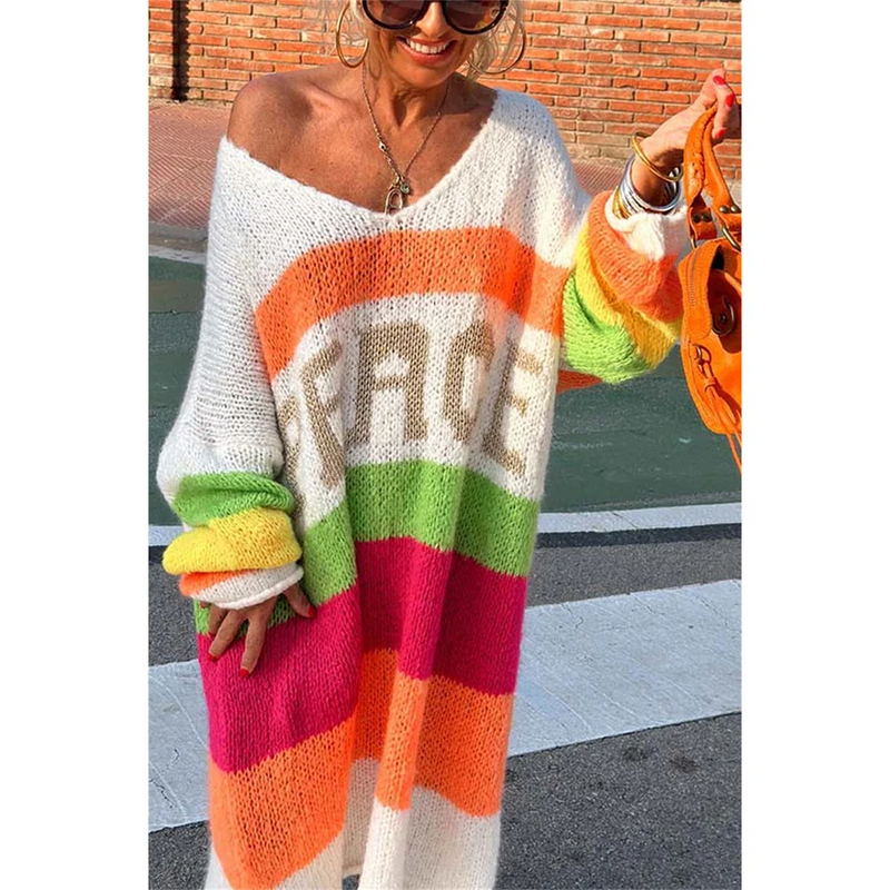 Damen Oversize Strickpullover mit Streifen und Schriftzug-Weiß-S-Luzern Mode