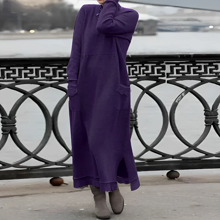 Maxi Strickkleid Damen - Elegantes Winterkleid Langarm-Lila-S-Luzern Mode
