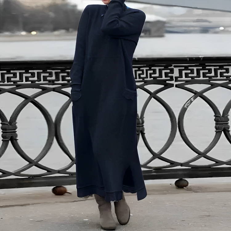 Maxi Strickkleid Damen - Elegantes Winterkleid Langarm-Marineblau-S-Luzern Mode