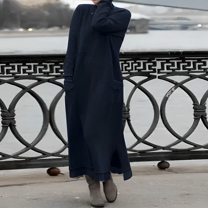 Maxi Strickkleid Damen - Elegantes Winterkleid Langarm-Marineblau-S-Luzern Mode