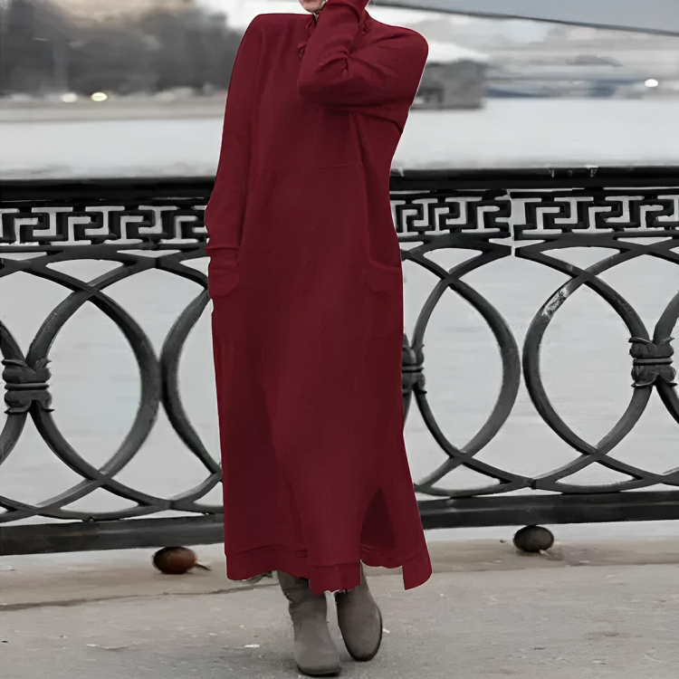 Maxi Strickkleid Damen - Elegantes Winterkleid Langarm-Rot-S-Luzern Mode