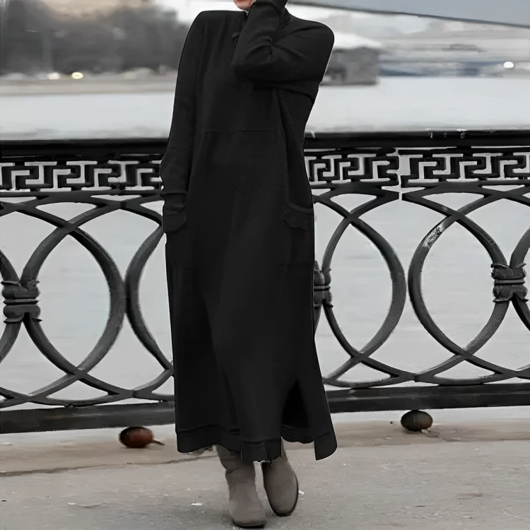 Maxi Strickkleid Damen - Elegantes Winterkleid Langarm-Schwarz-S-Luzern Mode