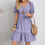 Boho Sommerkleid Damen V-Ausschnitt mit Rüschen Saum-Lila-S-Luzern Mode