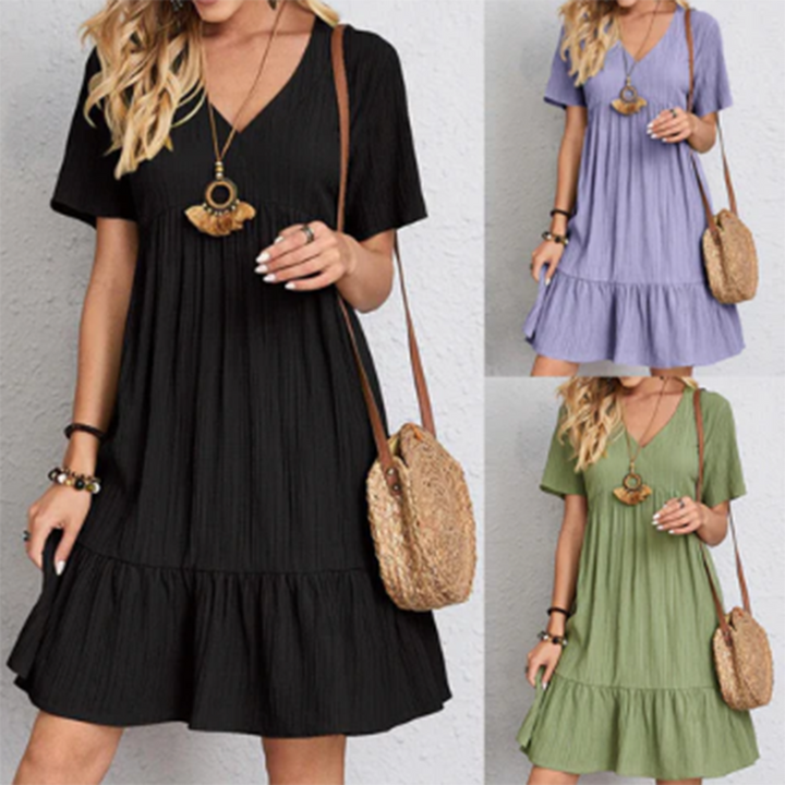 Boho Sommerkleid Damen V-Ausschnitt mit Rüschen Saum-Luzern Mode