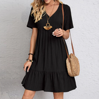 Boho Sommerkleid Damen V-Ausschnitt mit Rüschen Saum-Schwarz-S-Luzern Mode