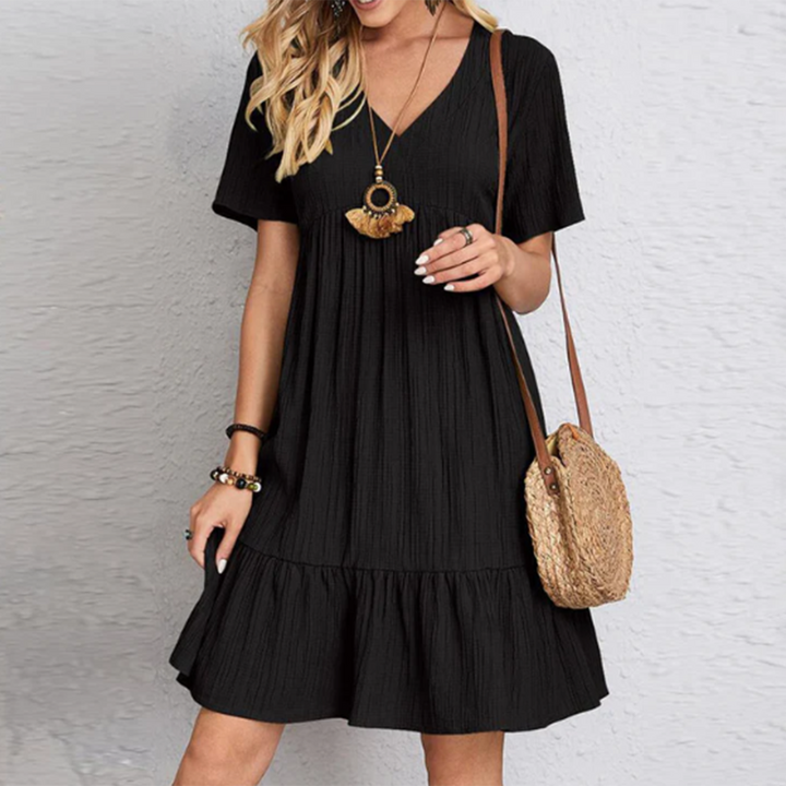 Boho Sommerkleid Damen V-Ausschnitt mit Rüschen Saum-Schwarz-S-Luzern Mode