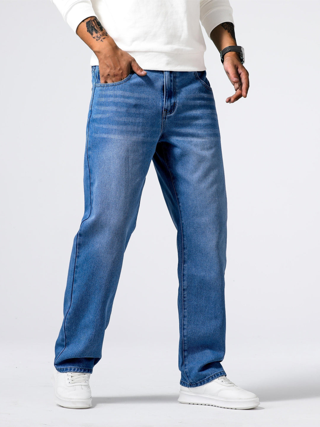 Herrenjeans | Reguläre Passform | Robust | Baumwolle | Knopf | Reißverschluss | Gewaschen-Blau-S-Luzern Mode