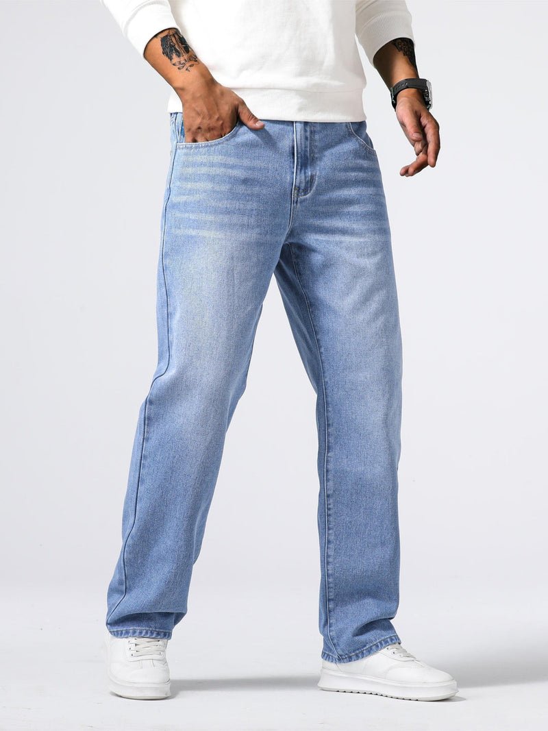 Herrenjeans | Reguläre Passform | Robust | Baumwolle | Knopf | Reißverschluss | Gewaschen-Himmelblau-S-Luzern Mode