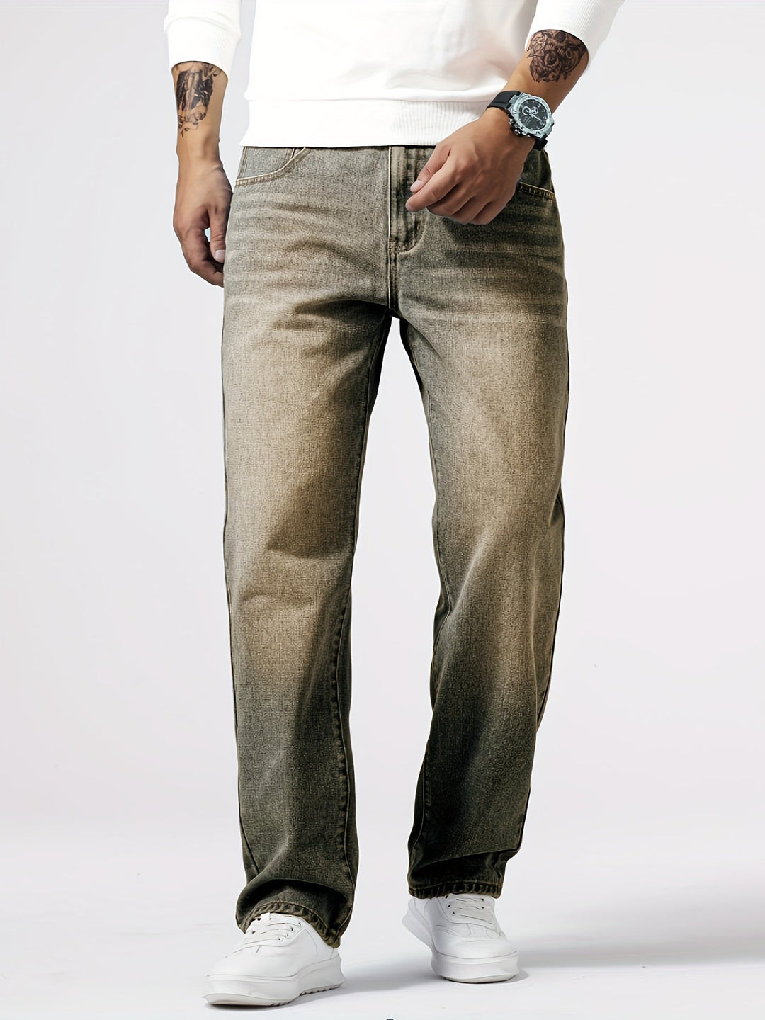 Herrenjeans | Reguläre Passform | Robust | Baumwolle | Knopf | Reißverschluss | Gewaschen-Khaki-S-Luzern Mode