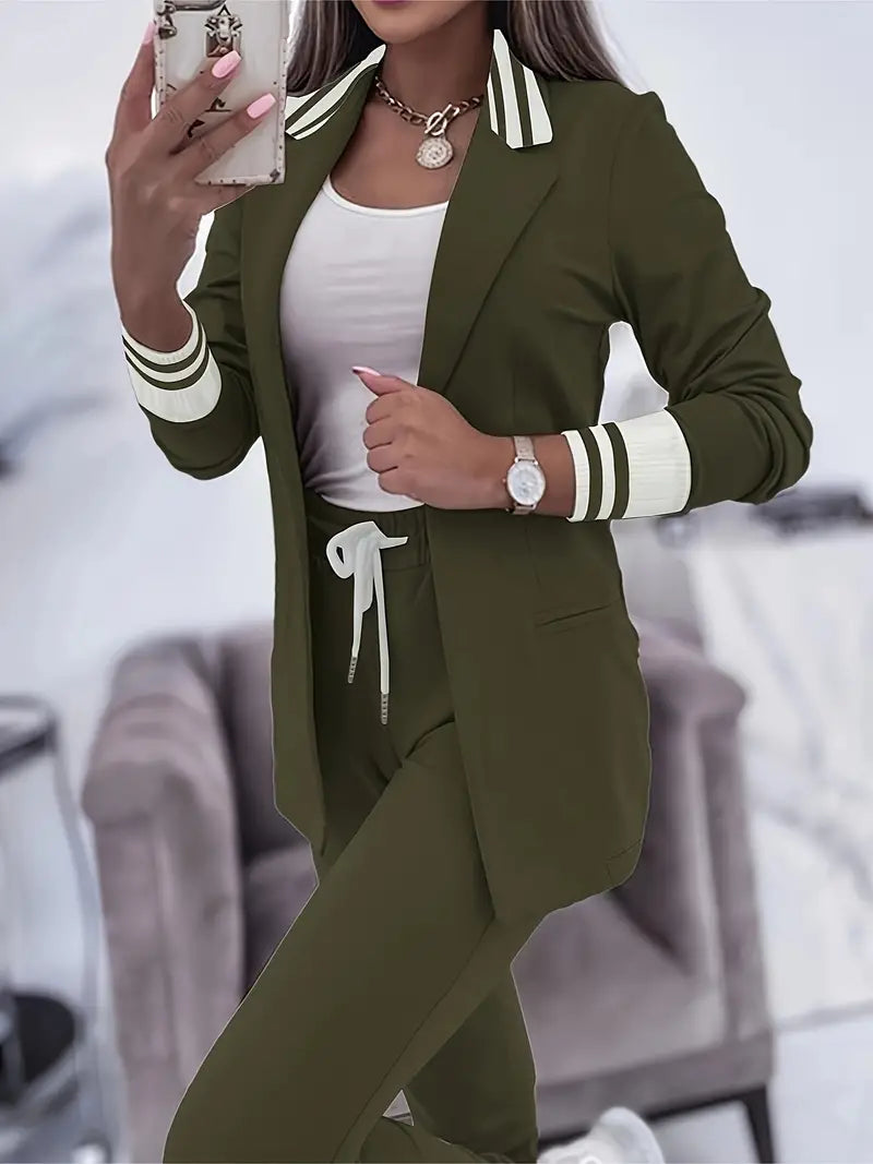 Damen Anzug Set Sportlich Elegant Business Freizeit Look-Olivgrün-M-Luzern Mode